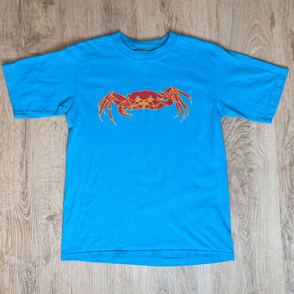 Vintage Anvil Graphic T-Shirt Red Crab Illustration Blue Large Bold Coastal Tee